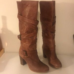 Brown Tall Leather boots with strap detail